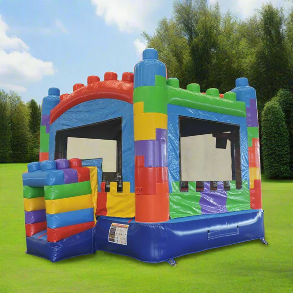 Colorful castle-themed bounce house rental
